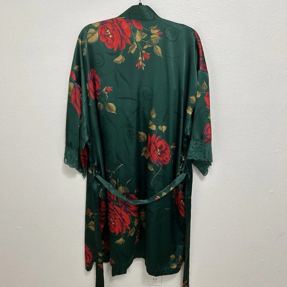Vintage Robe & Slip Nightgown Slip Dress SET Solange Satin Green Floral 18/20